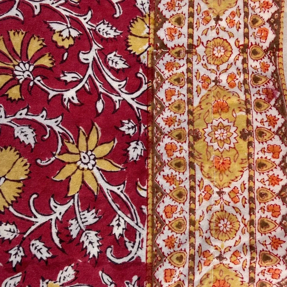 Pottery Barn Red Floral Block Print Cotton Tablecloth 70x108 Rectangular India